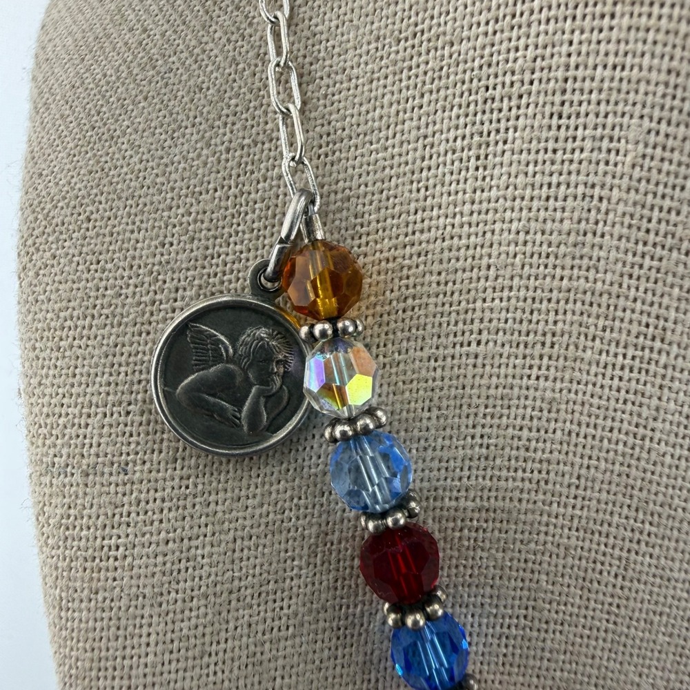 Vintage Signed Beaded Necklace Multicolor Sterling Silver Cherub Charm ‎ 27" - Picture 2 of 9